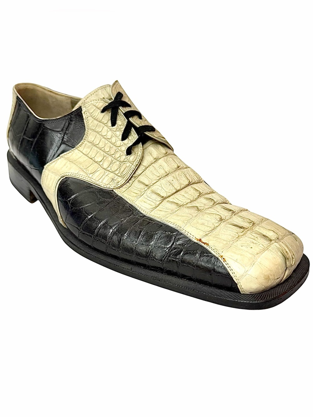Mauri Bone/Black Exotic Crocodile Leather Square-Toe Shoes Men’s Size 16M Italy